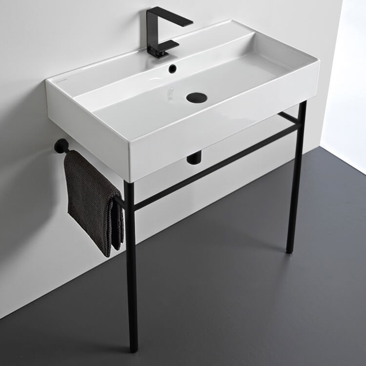 Console Bathroom Sink, Scarabeo 8031/R-80-CON-BLK, Ceramic Console Sink and Matte Black Stand